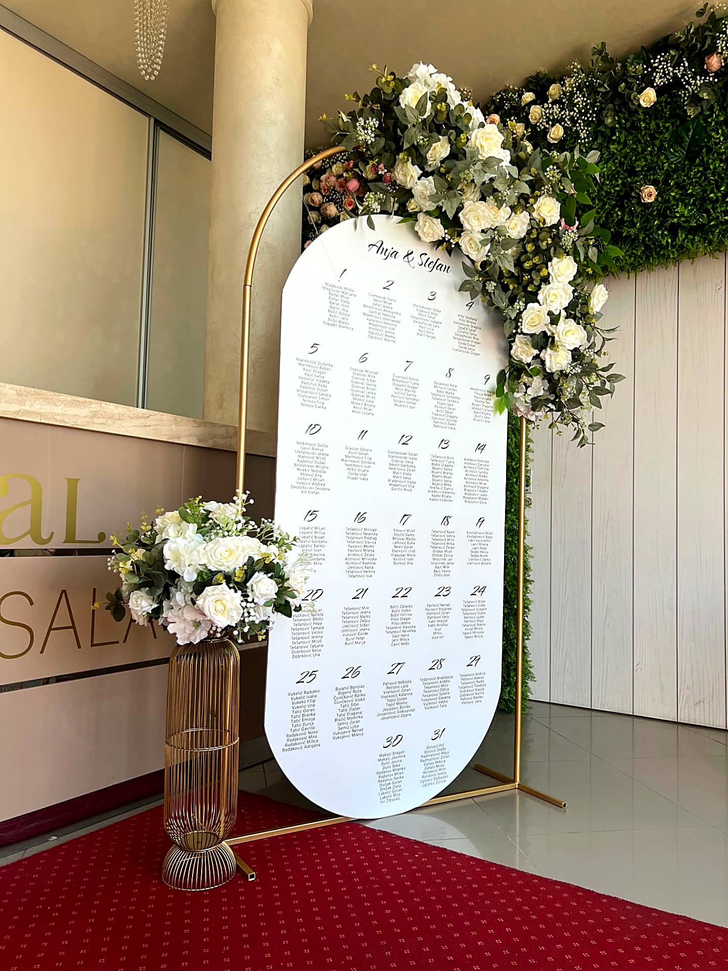 Raspored gostiju na venčanju sa cvetnom dekoracijom